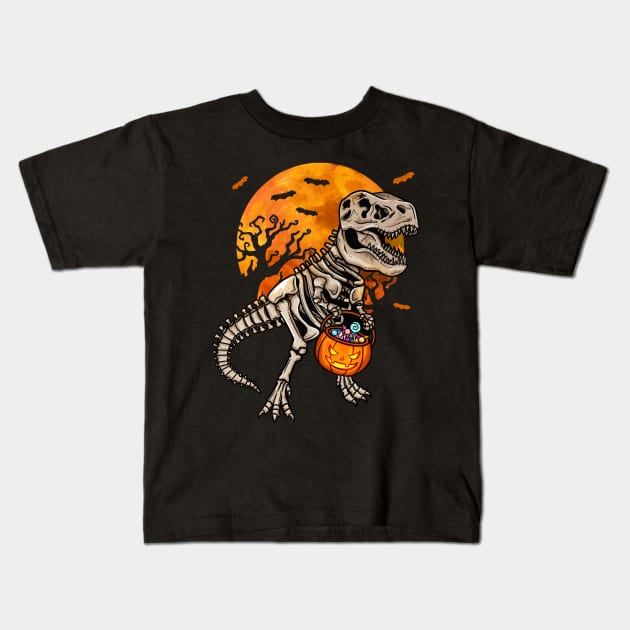 T-Rex Skeleton Pumpkin Halloween Kids T-Shirt by KAWAIITEE